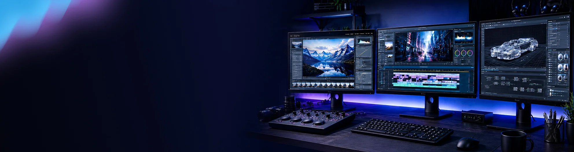 Professional content creator workstation with multi-monitor setup for high-resolution video editing and 3D design