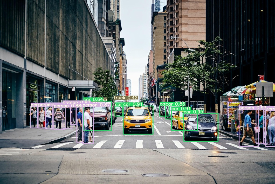 Collision avoidance with a view of the cityscape with pedestrian detection and cars in front.