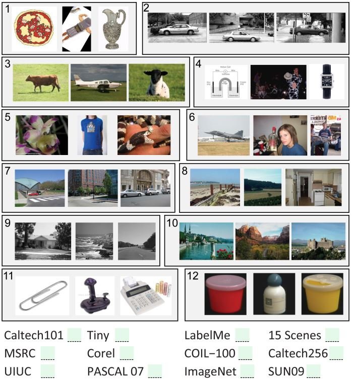 Given three images from twelve popular object recognition datasets, can you match the images with the dataset?